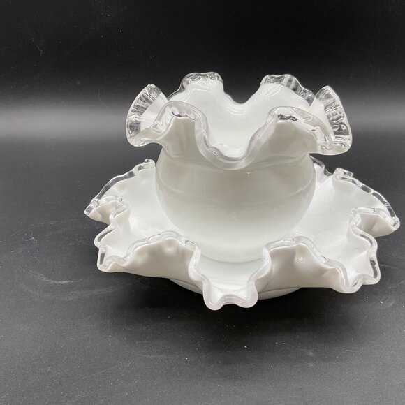 Vintage Silvercrest Fenton Vase & Dish Milk Glass 4"H x 7.5"D - Picture 4 of 7